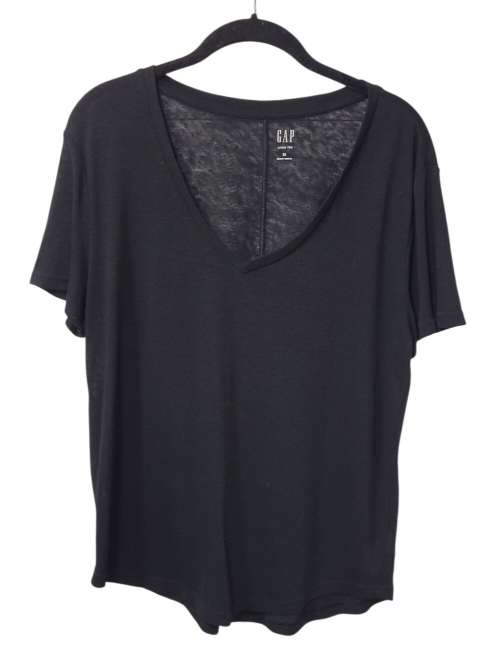 Gap Black Linen Blend V Neck Tee M Coastal Minimalist Slouchy Luxe Basic - Picture 3 of 9